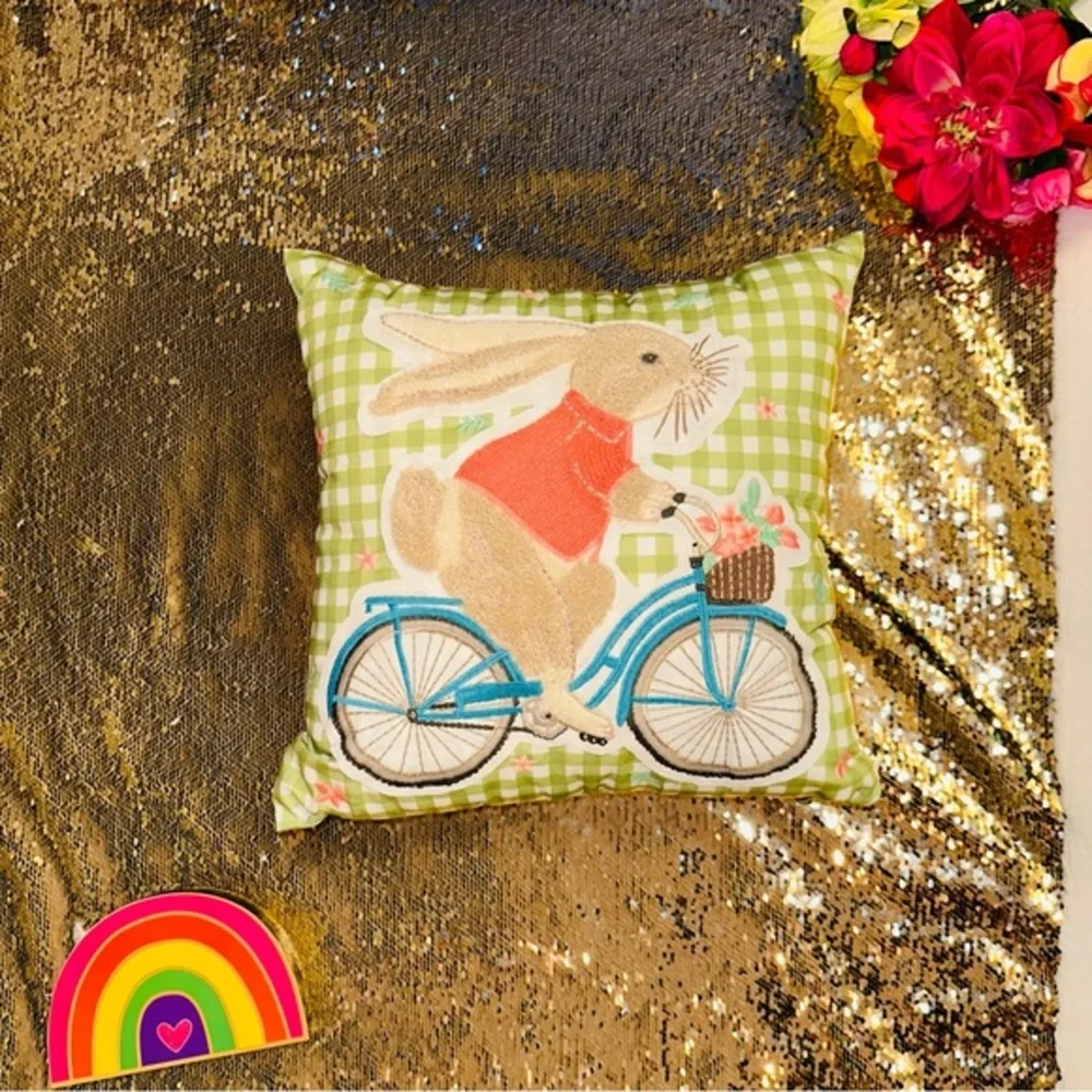 Easter decorative pillow plush bunny riding bicycle
